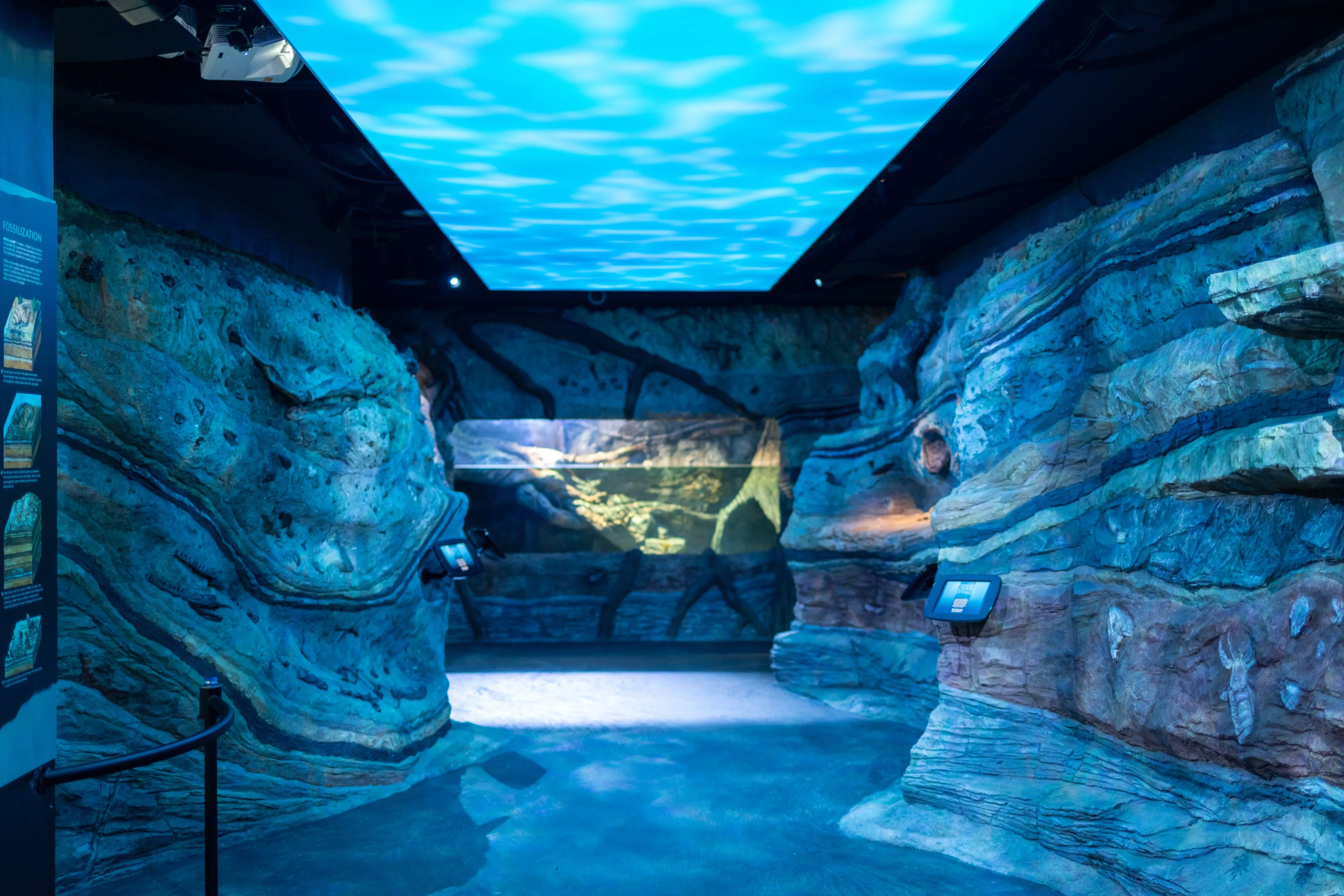 The path between walls of layered rock, under a ceiling of moving light