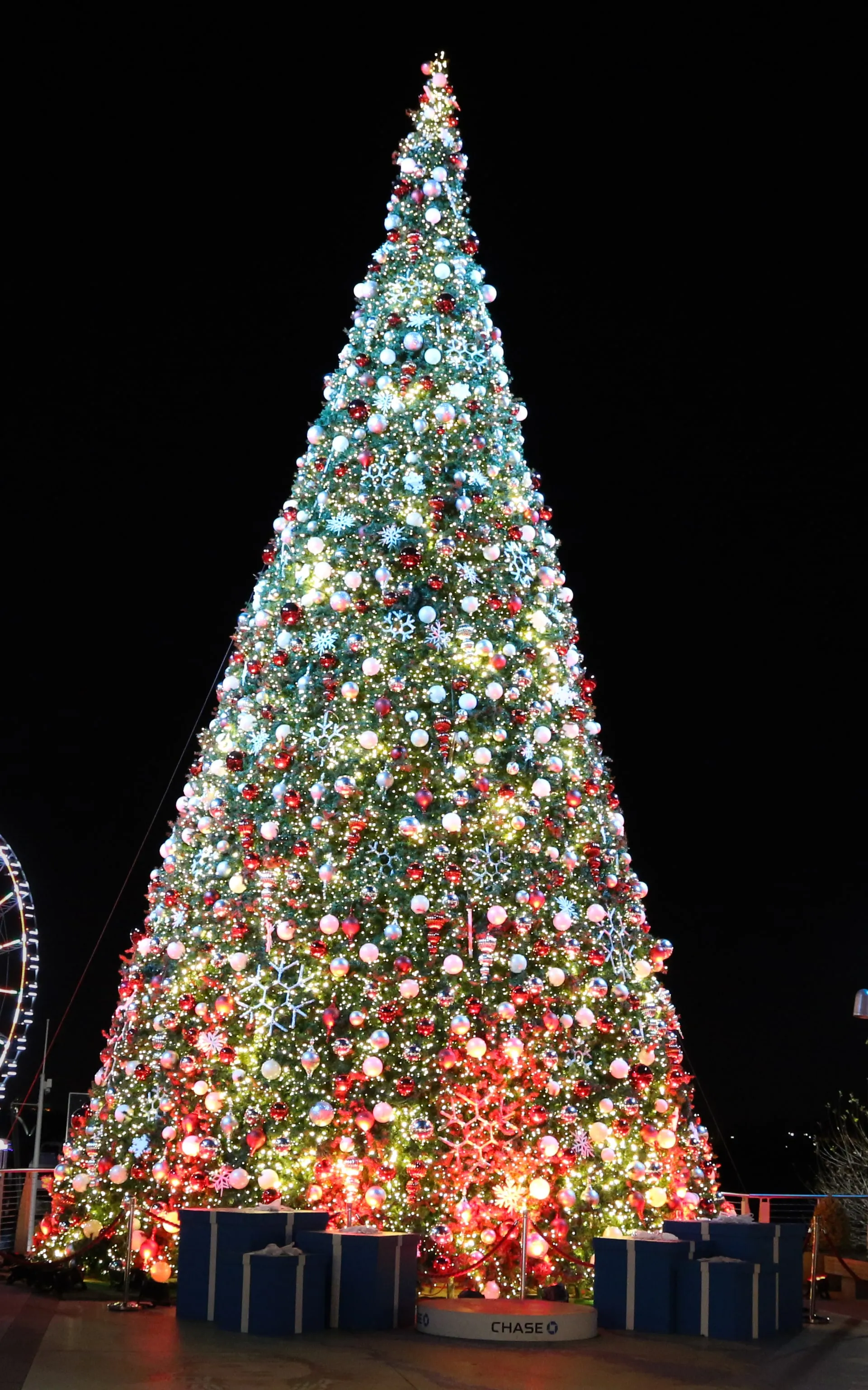 The National Harbor tree at night, lit white with red and silver ornaments and giant blue gift boxes at its base, the Capital Wheel glowing behind it
