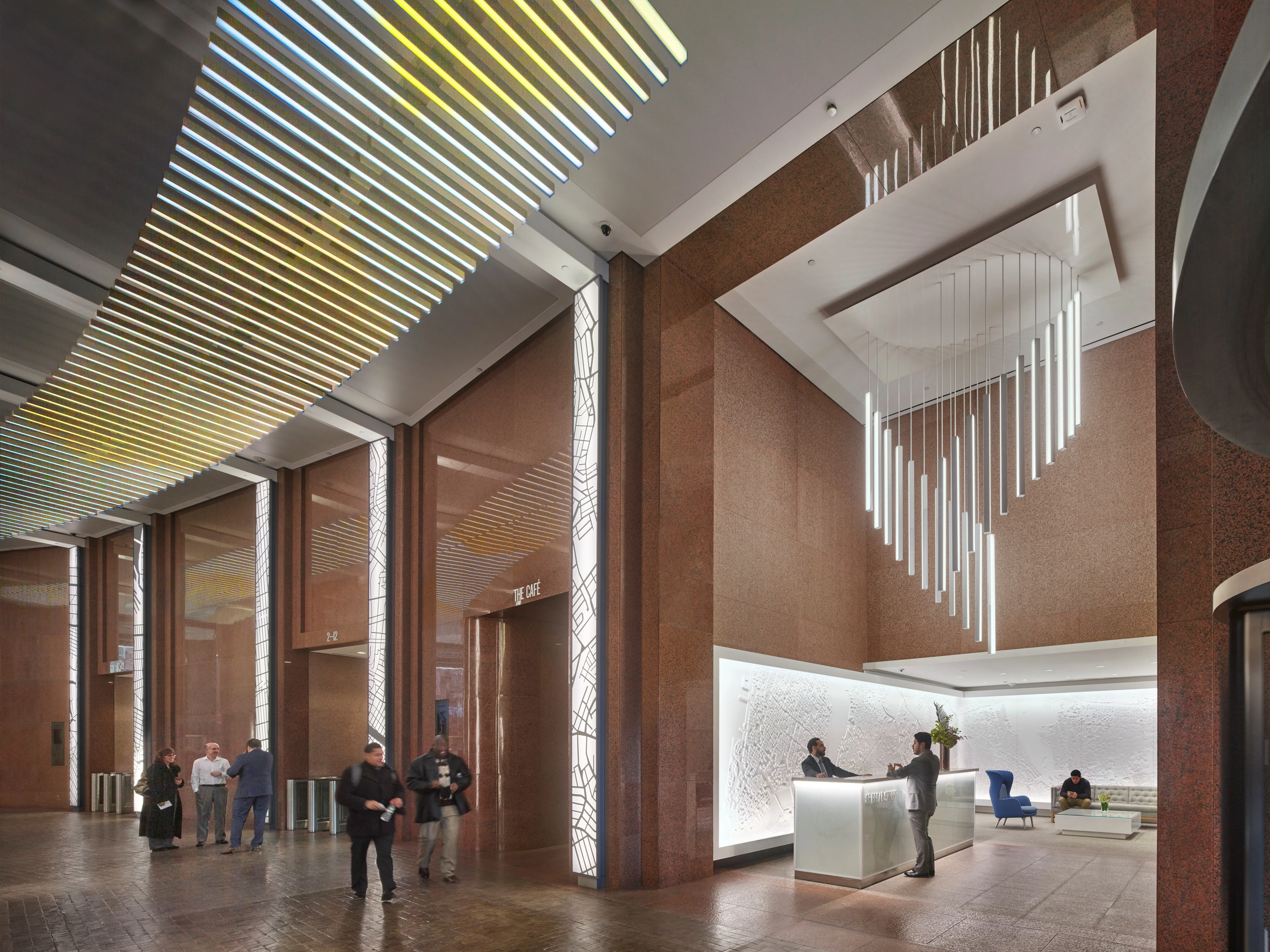 The lobby of 85 Broad Street, the color-changing light sculpture running down the ceiling