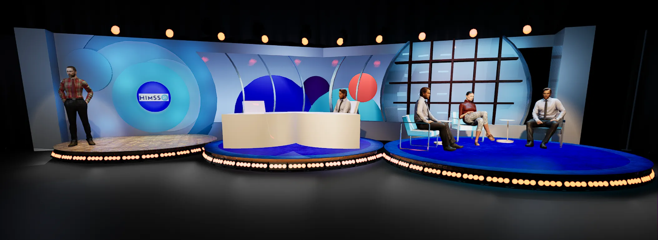 The studio in Unreal Engine, modeled before any scenery was built: the standing position, the news desk, and the interview area